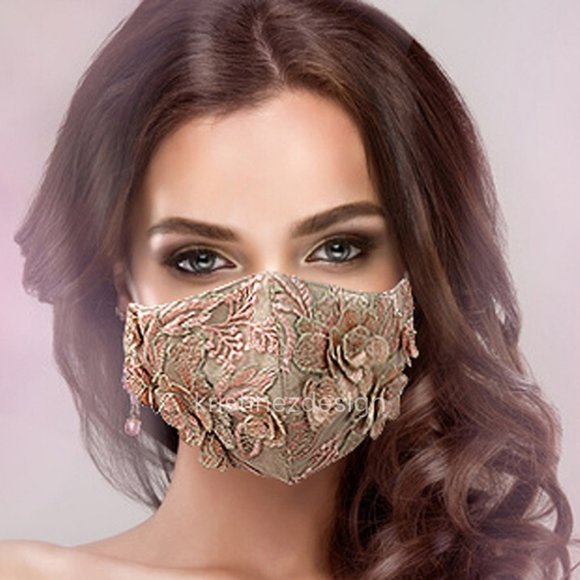 2 Beige and Rose Lace Linen Face mask, Art face mask - Picture 2 of 5